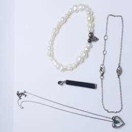 Sterling Silver FW Pearl Onyx Multi-Gemstone Bracelet + Pendant Necklace Bundle 4pcs 20.9g