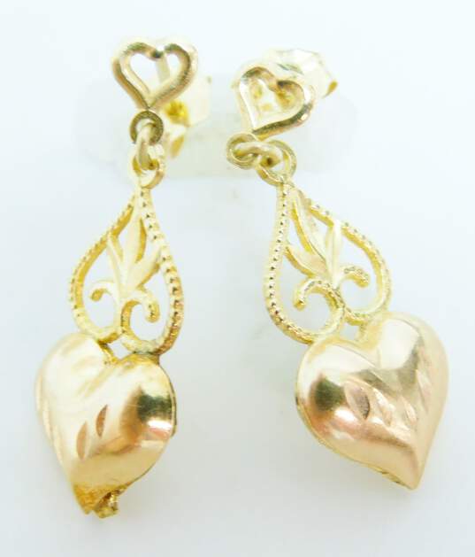 14K Yellow & Rose Gold Etched Puffed Heart Scrolled Drop Post Earrings 1.2g image number 2