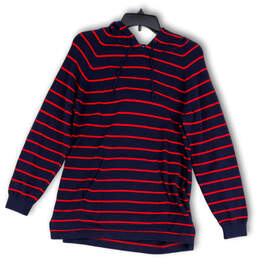 Mens Blue Red Striped Long Sleeve Pockets Pullover Hoodie Size Medium