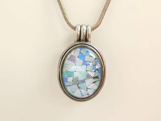 Artisan 925 Opal Chips Mosaic Glass Overlay Chunky Oval Locket Pendant Necklace image number 3