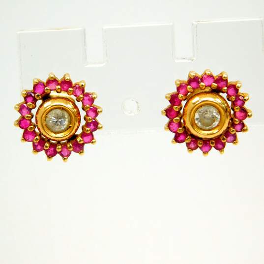 14K Yellow Gold Bezel Set 0.34 CTTW Diamond Stud Earrings w/ Ruby Enhancers 3.3g image number 2