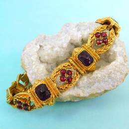 Vintage ART Arthur Pepper Goldtone Faceted Red Glass Etruscan Style Panels Linked Bracelet 38.3g