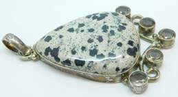 Artisan 925 Dalmatian Jasper Teardrop Cabochon & Smoky Glass Scrolled Pendant 19.4g alternative image