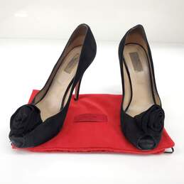 Valentino Garavani Women's Black Suede Peep Toe Rosette Embellished Pumps Size 9 AUTHENTICATED