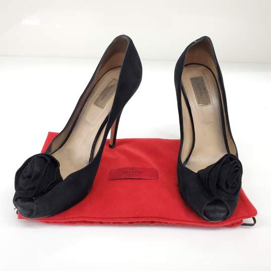Valentino Garavani Women's Black Suede Peep Toe Rosette Embellished Pumps Size 9 AUTHENTICATED image number 1
