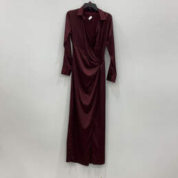 NWT Womens Red Long Sleeve Collared Side Slit Wrap Dress Size Small