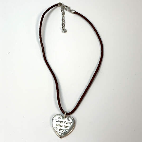 Designer Brighton Silver-Tone Brown Leather Cord Heart Pendant Necklace image number 2