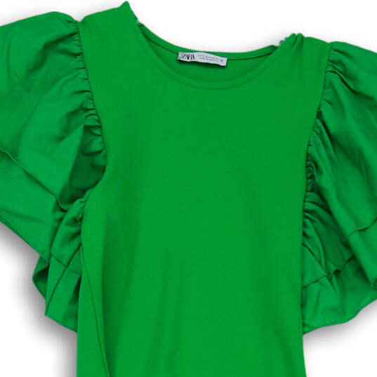 Womens Green Ruffled Short Sleeve Round Neck Poplin Mini Dress Size Small image number 4
