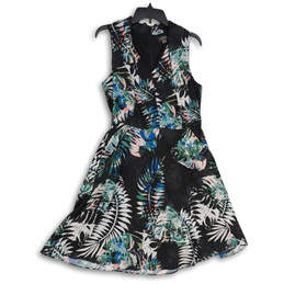 Womens Black Floral Sleeveless V-Neck Back Zip A-Line Dress Size 8 alternative image
