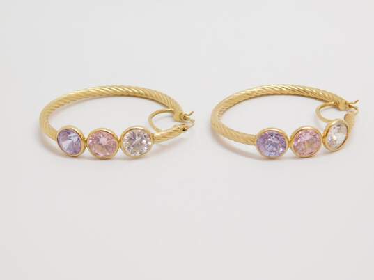 14K Gold Clear Pink & Purple Cubic Zirconia Accented Twisted Hoop Earrings 8.6g image number 4
