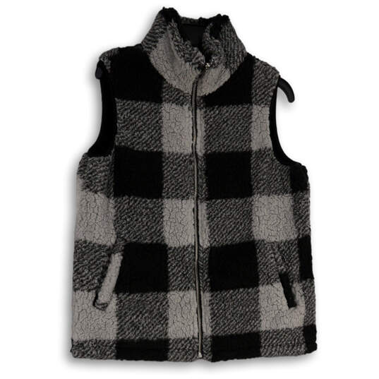 Womens Black Gray Plaid Sleeveless Fleece Full-Zip Vest Size Medium image number 1