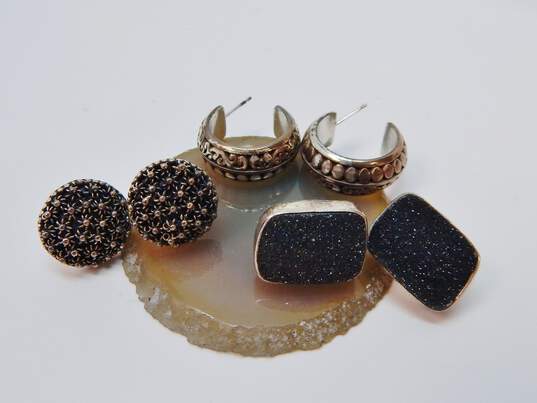 Artisan 925 Bali Style Granulated Stars Dome Black Druzy & Dotted & Scrolled Semi Hoop Post Earrings 28.6g image number 1