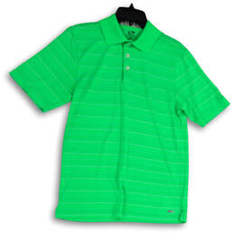 Mens Green Striped Collared Button Front Short Sleeve Polo Shirt Size Small