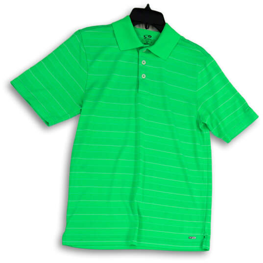 Mens Green Striped Collared Button Front Short Sleeve Polo Shirt Size Small image number 1