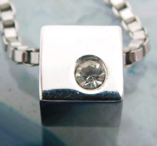 Vintage Crown Trifari Silver Tone Minimalist Rhinestone Cube Pendant on Box Chain Necklace 8.7g image number 2