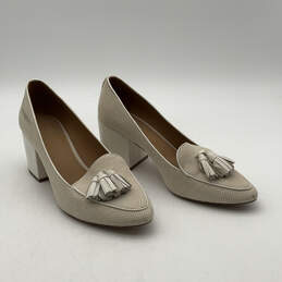 Womens Beige Leather Tassel Almond-Toe Slip-On Block Pump Heels Size 9M alternative image