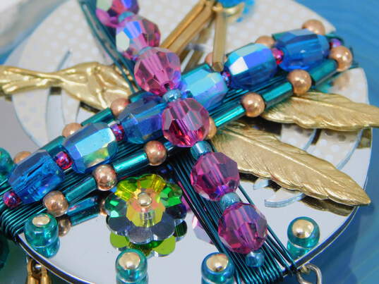 Liztech 916 Mixed Metals Shield of Silence Blue Pink & Green Crystals & Feathers Wire Wrapped Statement Brooch 23.6g image number 4