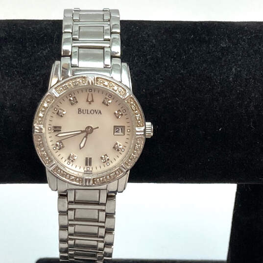 Designer Bulova Silver-Tone Rhinestone Stainless Steel Analog Wristwatch image number 1