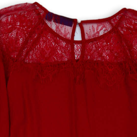 Womens Red Long Balloon Sleeve Lace Round Neck Blouse Top Size Large image number 3