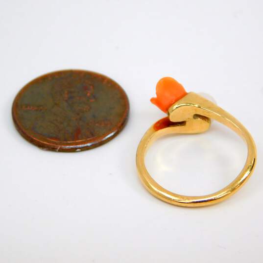 14K Yellow Gold Carved Coral Rose & Pearl Bypass Ring 2.5g image number 6