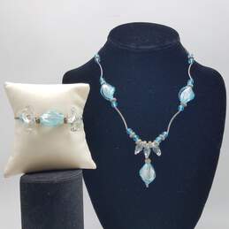 Sterling Silver Crystal Bead Glass 17 Inch Necklace 7 Inch Bracelet Set 2pcs 36.2g