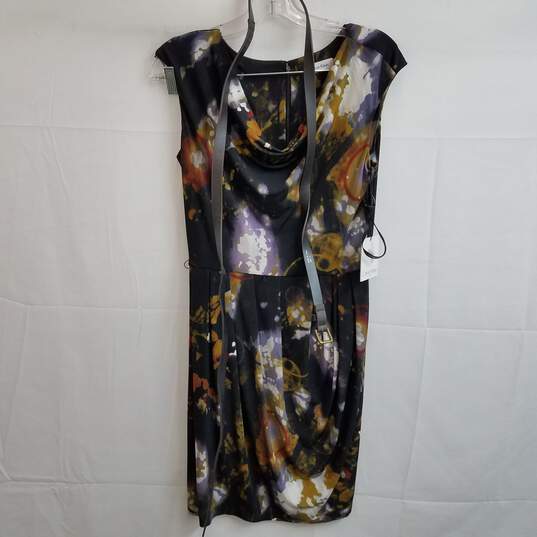 Calvin Klein abstract print cowl neck belted career dress 4 image number 1