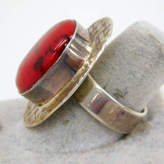 Taxco Mexico 925 Modernist Faux Red Jasper Cabochon Woven Stamped Oval Chunky Ring 14.3g image number 4