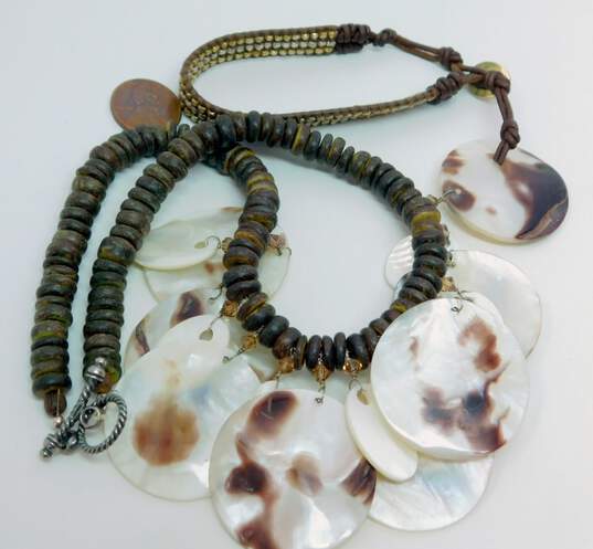 Chan Luu & Romantic 925 Mother of Pearl Shell Circles Dangles Crystal & Wood Beaded Necklace & Textured Beads Cord Bracelet 78.7g image number 7