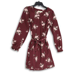 Womens Burgundy Pink Floral V-Neck Long Sleeve Tie Waist A-Line Dress Sz 2