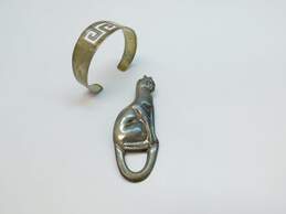 Taxco Mexico 925 Modernist Cat Pendant Brooch & Greek Key Cut Out Cuff Bracelet