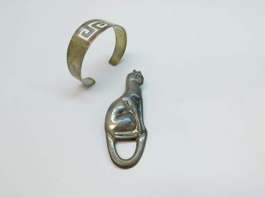 Taxco Mexico 925 Modernist Cat Pendant Brooch & Greek Key Cut Out Cuff Bracelet image number 1