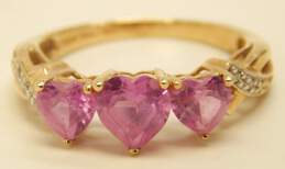 10K Yellow Gold Pink Sapphire Triple Heart Ring 2.1g