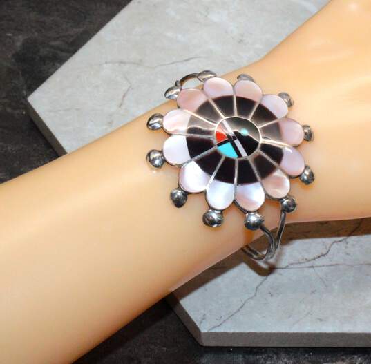 Zuni Artisan P. Longjose Sterling Silver Inlay Mother Of Pearl Cuff Bracelet image number 1