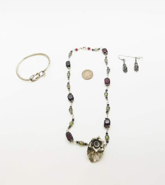 Ethereal 925 Rose Flower Pendant Glass Bead Necklace, Garnet Earrings & Knot Bangle Bracelet 50.7g image number 7