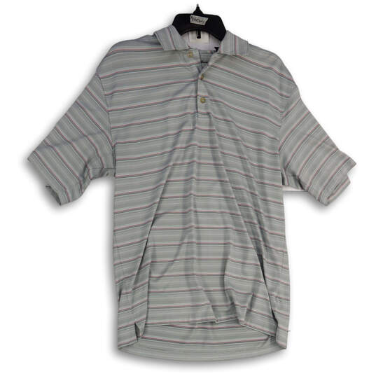 Mens Gray Striped Collared Short Sleeve Side Slit Polo Shirt Size Medium image number 1