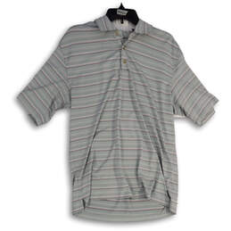 Mens Gray Striped Collared Short Sleeve Side Slit Polo Shirt Size Medium