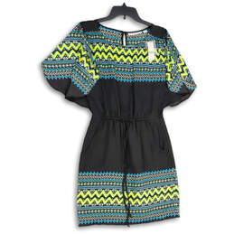 NWT Womens Multicolor Chevron Tie Waist Round Neck Shift Dress Size Small