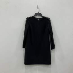Womens Black Round Neck Long Sleeve Back Zip Short Shift Dress Size 4