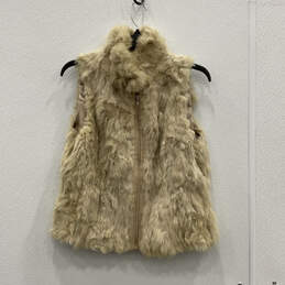 Womens Beige Rabbit Fur Lined Sleeveless Collared Full-Zip Vest Size Large