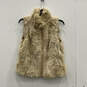 Womens Beige Rabbit Fur Lined Sleeveless Collared Full-Zip Vest Size Large image number 1