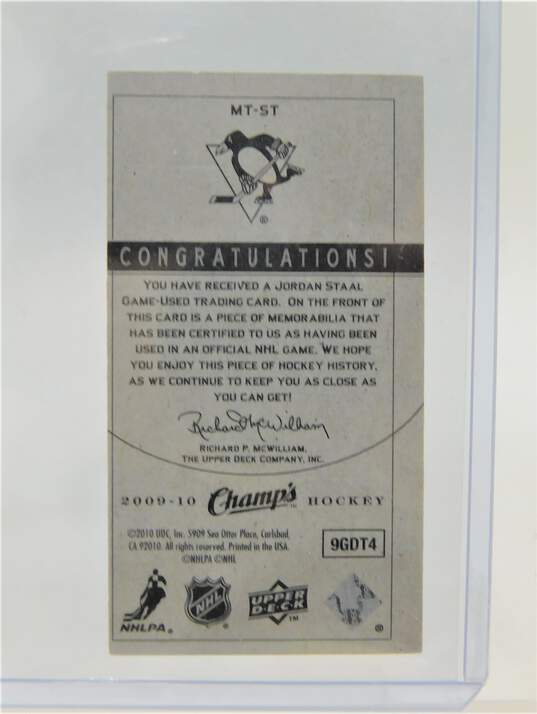 2009-10 Jordan Staal Upper Deck Champ's Threads Game Worn Jersey Penguins image number 2