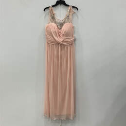 NWT Womens Pink Pleated Round Neck Sleeveless Back-Zip Maxi Dress Size 14