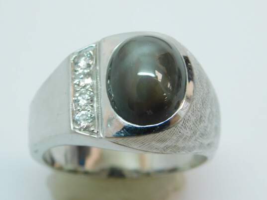 Vintage 10K White Gold Star Sapphire Cabochon 0.16 CTTW Diamond Ring 10.5g image number 4