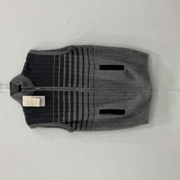 NWT Mens Gray Striped Mock Neck Sleeveless Pocket Full-Zip Sweater Sz 44