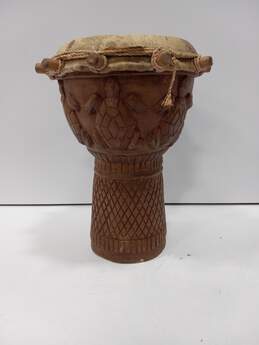 Wooden Hand Carved Peg Bongo Drum Turtle Detail African Folk Art 9" alternative image