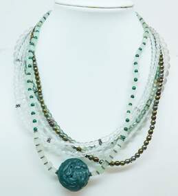 Artisan 925 Carved Nephrite Pendant Malachite Clear Glass Faux Pearls & Green Beaded Necklaces Variety 103.4g
