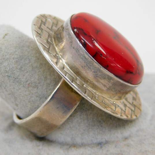 Taxco Mexico 925 Modernist Faux Red Jasper Cabochon Woven Stamped Oval Chunky Ring 14.3g image number 3