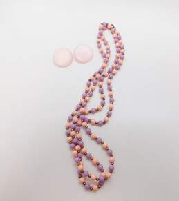 Vintage Goldtone Purple & Pink Plastic Ball Beaded Necklace & Moonglow Lucite Circle Clip On Earrings 50.5g