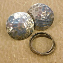 Taxco Mexico 925 Modernist Hammered Circle Post Earrings & Interlocking Bands Ring 12.3g
