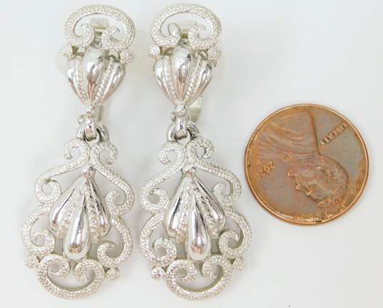 VNTG Crown Trifari Silver Tone Scrolled Clip-On Drop Dangle Earrings 12.2g image number 2